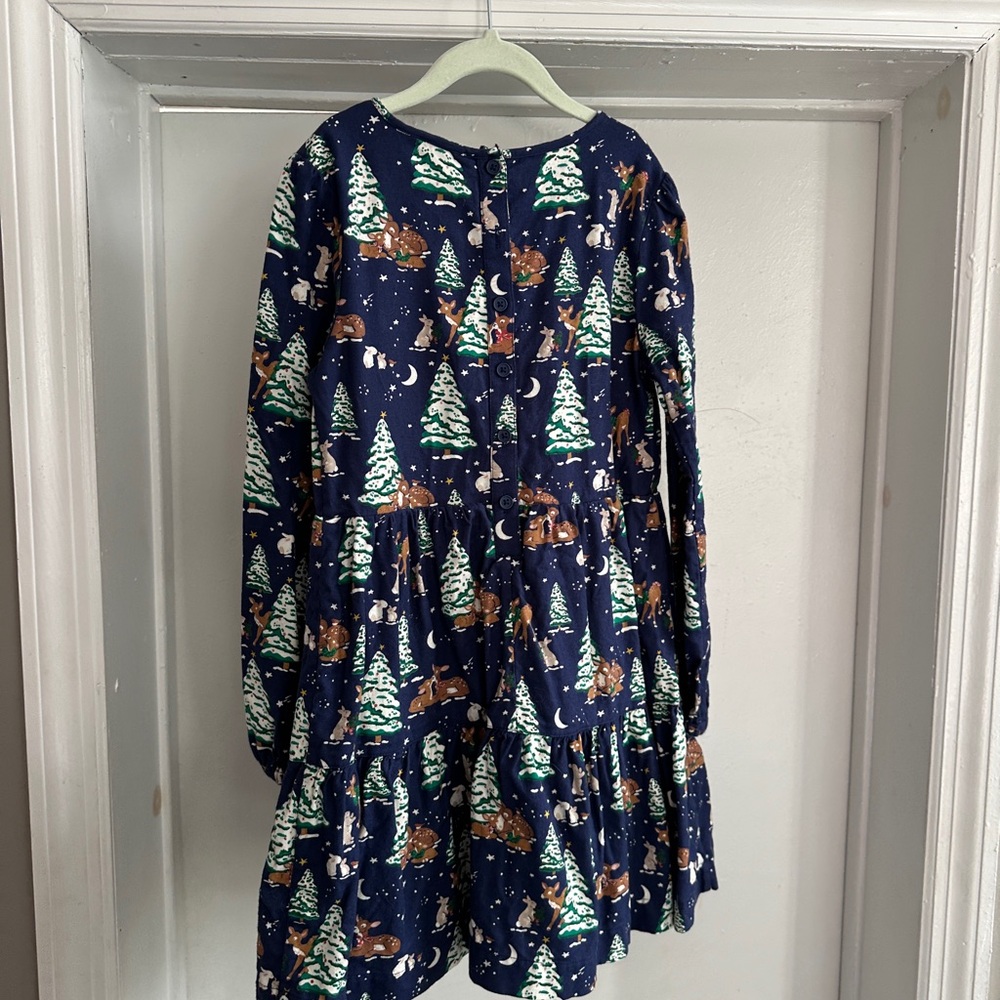 Mini Boden. Christmas Dress with Forest Print. Size 9-10